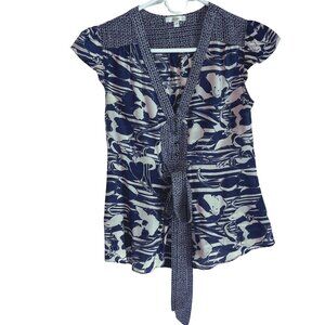 Anthropologie Top Womens Size 4 Blue White 100% Silk Floral